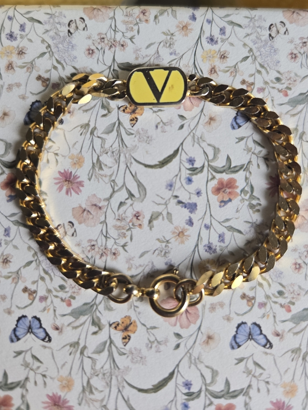 Valentino Vintage Gold-Tone Chain Bracelet with Yellow Enamel V Logo